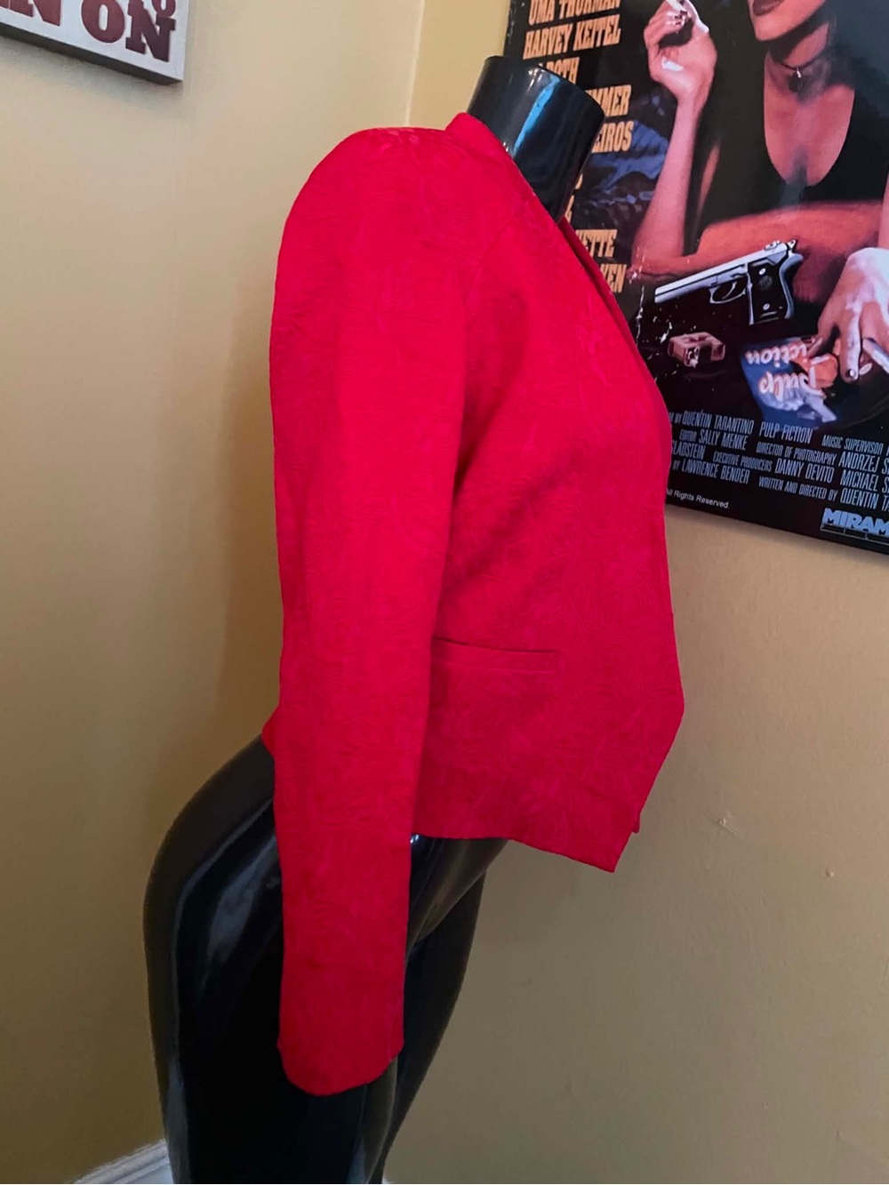 Topshop Red Floral Jacquard Open Front Cropped Blazer Jacket Tuxedo US 2 - Picture 2 of 5